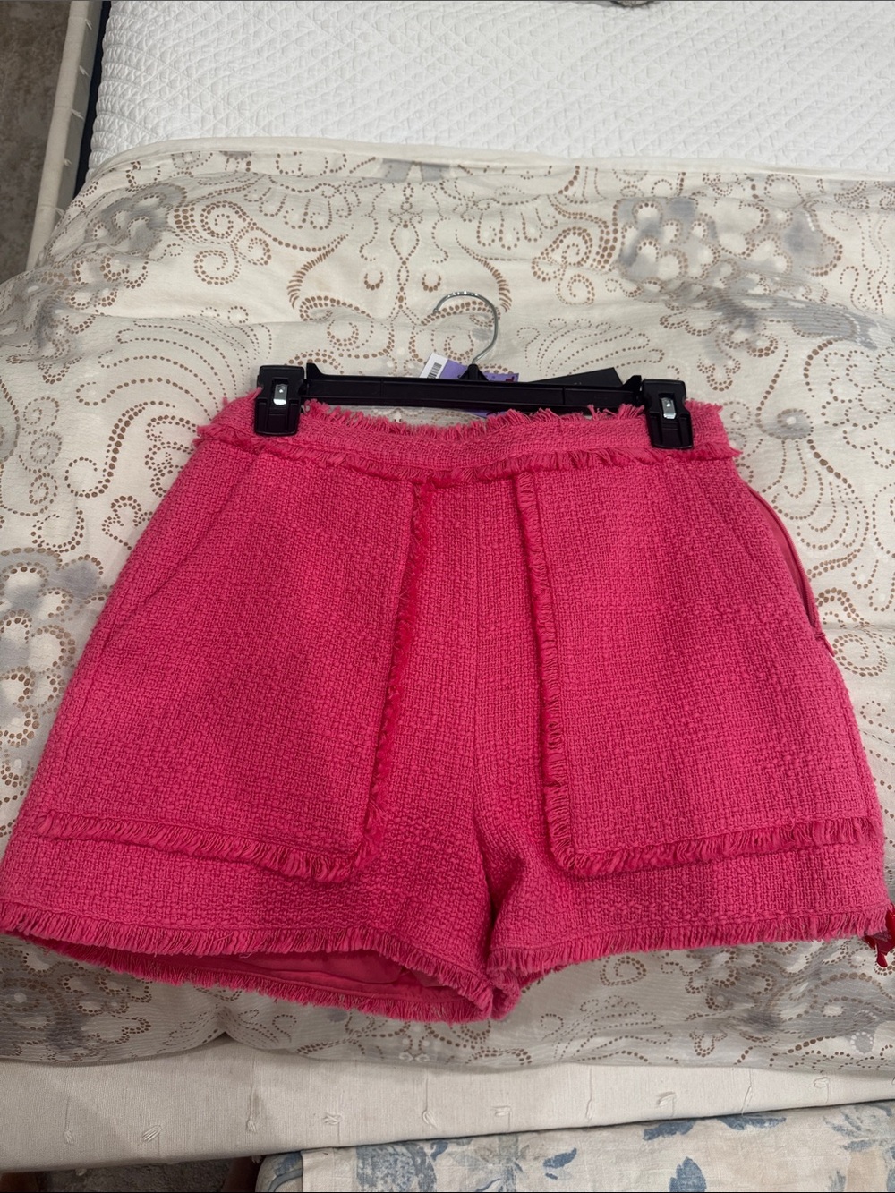 Elie Tahari Hot Pink Textured Fringe-Trim High Waist Shorts